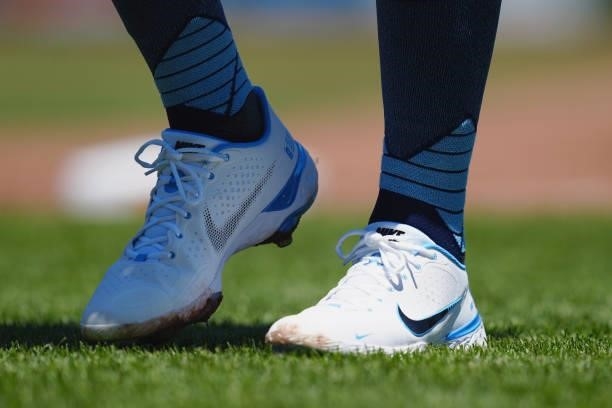 Detail shot of the cleats worn by Rhys Hoskins of the Philadelphia Phillies during the game between the Philadelphia Phillies and the San Francisco...