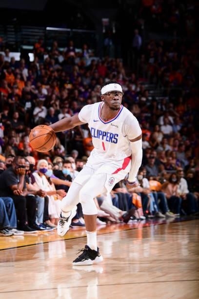 Reggie Jackson of the LA Clippers handles the ball during the game against the Phoenix Suns during Game 1 of the Western Conference Finals of the...