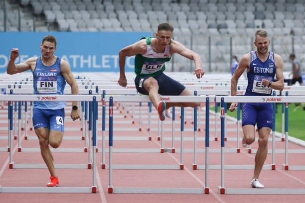 Vitali Parakhonka of Belarus competes in the Men's 110m Hurdles Final A on Day 2 at the European Athletics Team Championships First League on June...