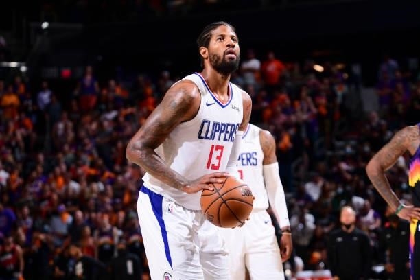 Paul George of the LA Clippers shoots a free throw during the game against the Phoenix Suns during Game 1 of the Western Conference Finals of the...