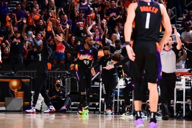 Jae Crowder of the Phoenix Suns reacts to his three point basket during the game against the LA Clippers during Game 1 of the Western Conference...