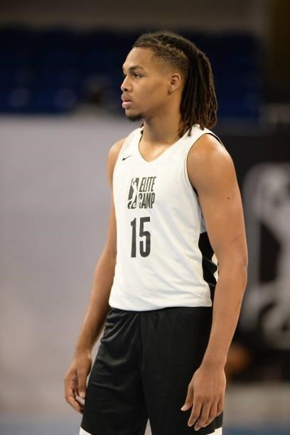 League Prospect, Juhann Begarin looks on during the 2021 NBA G League Elite Camp on June 20, 2021 at the Wintrust Arena in Chicago, Illinois. NOTE TO...