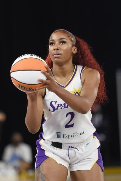 Te'a Cooper of the Los Angeles Sparks looks to shoot a free throw against the New York Liberty on June 20, 2021 at the Los Angeles Convention Center...