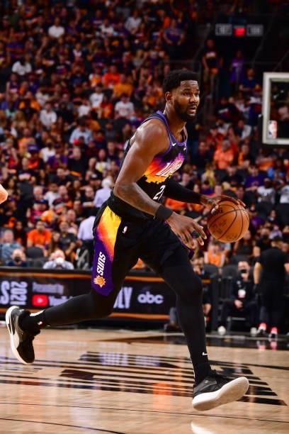 Deandre Ayton of the Phoenix Suns dribbles the ball during the game against the LA Clippers during Game 1 of the Western Conference Finals of the...