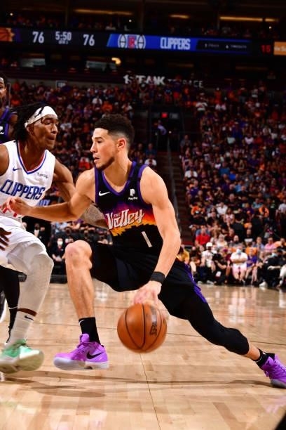 Devin Booker of the Phoenix Suns drives to the basket during the game against the LA Clippers during Game 1 of the Western Conference Finals of the...