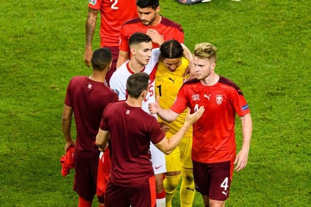 Switzerland players celebrate after winning Turkey during the UEFA Euro 2020 Championship Group A match between Switzerland and Turkey on June 20,...