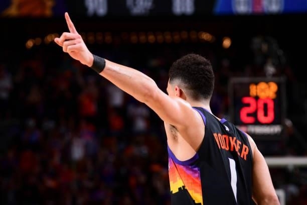 Devin Booker of the Phoenix Suns points during the game against the LA Clippers during Game 1 of the Western Conference Finals of the 2021 NBA...