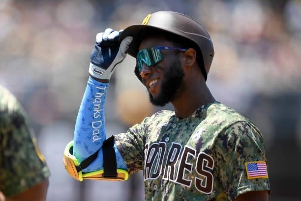 Jurickson Profar of the San Diego Padres wears an armband with "thanks dad