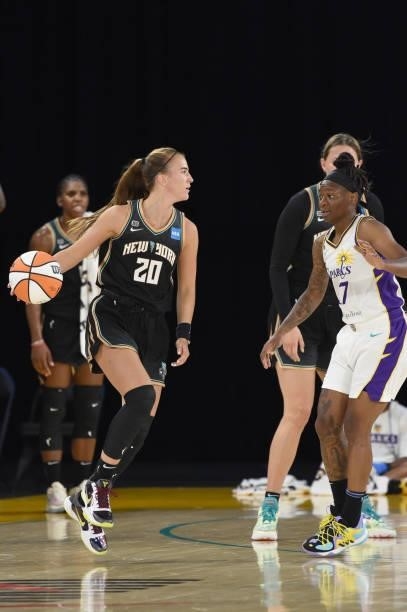 Erica Wheeler of the Los Angeles Sparks plays defense on Sabrina Ionescu of the New York Liberty on June 20, 2021 at the Los Angeles Convention...