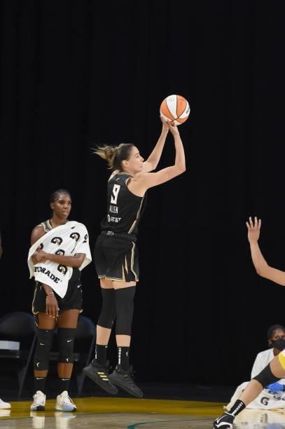Rebecca Allen of the New York Liberty shoots the ball against the Los Angeles Sparks on June 20, 2021 at the Los Angeles Convention Center in Los...
