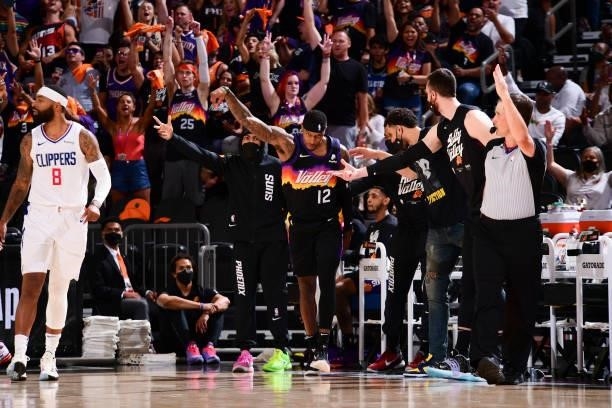 Torrey Craig of the Phoenix Suns reacts to a play during the game against the LA Clippers during Game 1 of the Western Conference Finals of the 2021...