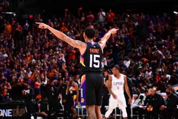 Cameron Payne of the Phoenix Suns reacts to a play during the game against the LA Clippers during Game 1 of the Western Conference Finals of the 2021...