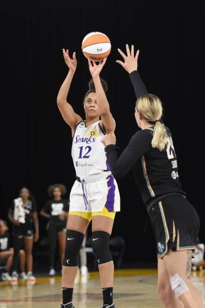 Nia Coffey of the Los Angeles Sparks shoots the ball against the New York Liberty on June 20, 2021 at the Los Angeles Convention Center in Los...