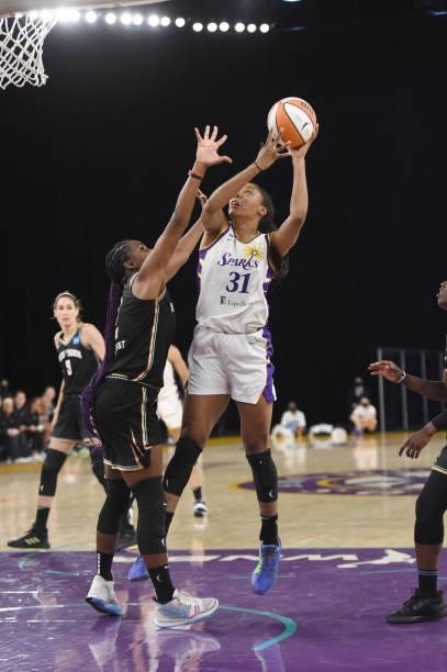 Kristine Anigwe of the Los Angeles Sparks looks to shoot the ball against the New York Liberty on June 20, 2021 at the Los Angeles Convention Center...