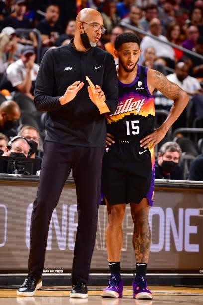 Head Coach Monty Williams of the Phoenix Suns talks to Cameron Payne during the game against the LA Clippers during Game 1 of the Western Conference...