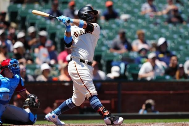 Brandon Crawford of the San Francisco Giants hits a home run during the game between the Philadelphia Phillies and the San Francisco Giants at Oracle...