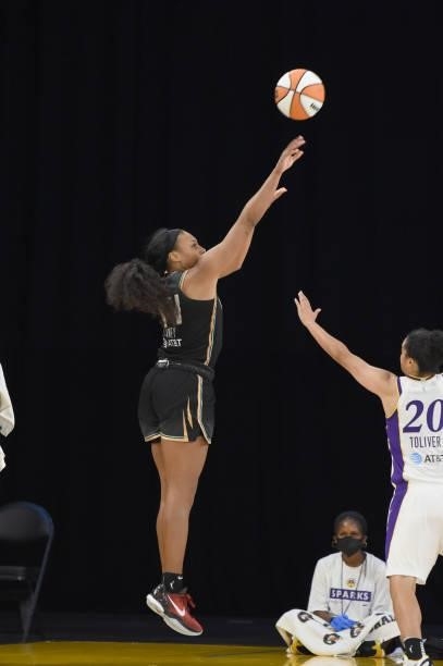 Betnijah Laney of the New York Liberty shoots the ball against the Los Angeles Sparks on June 20, 2021 at the Los Angeles Convention Center in Los...