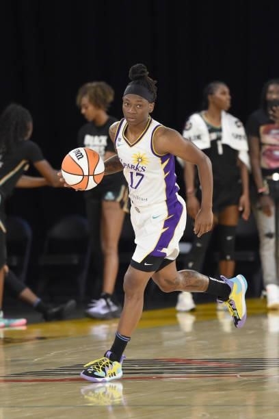 Erica Wheeler of the Los Angeles Sparks dribbles the ball against the New York Liberty on June 20, 2021 at the Los Angeles Convention Center in Los...