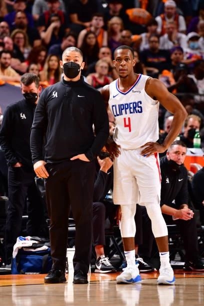 Head Coach Tyronn Lue and Rajon Rondo of the LA Clippers look on during the game against the Phoenix Suns during Game 1 of the Western Conference...