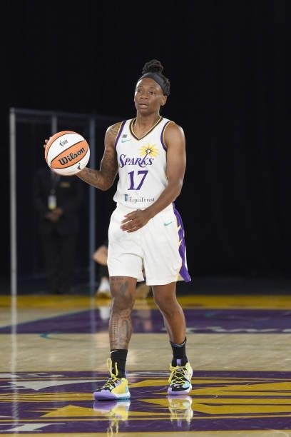 Erica Wheeler of the Los Angeles Sparks handles the ball against the New York Liberty on June 20, 2021 at the Los Angeles Convention Center in Los...