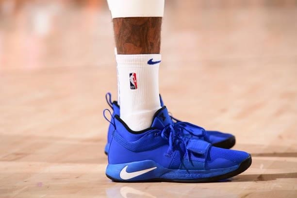 The sneakers worn by Paul George of the LA Clippers during the game against the Phoenix Suns during Game 1 of the Western Conference Finals of the...