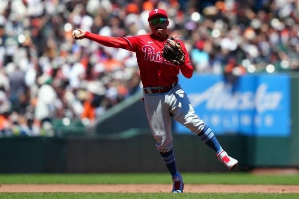Ronald Torreyes of the Philadelphia Phillies throws the ball during the game between the Philadelphia Phillies and the San Francisco Giants at Oracle...