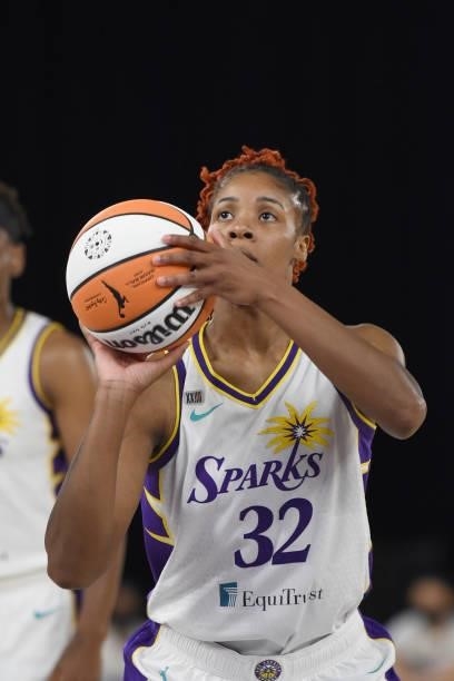 Bria Holmes of the Los Angeles Sparks looks to shoot a free throw against the New York Liberty on June 20, 2021 at the Los Angeles Convention Center...