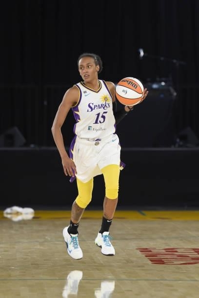 Brittney Sykes of the Los Angeles Sparks handles the ball against the New York Liberty on June 20, 2021 at the Los Angeles Convention Center in Los...