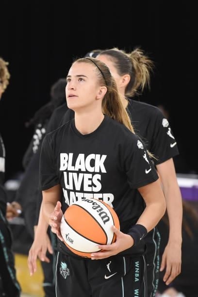 Sabrina Ionescu of the New York Liberty looks up before the game against the Los Angeles Sparks on June 20, 2021 at the Los Angeles Convention Center...