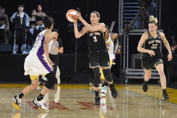Rebecca Allen of the New York Liberty looks to pass the ball against the Los Angeles Sparks on June 20, 2021 at the Los Angeles Convention Center in...