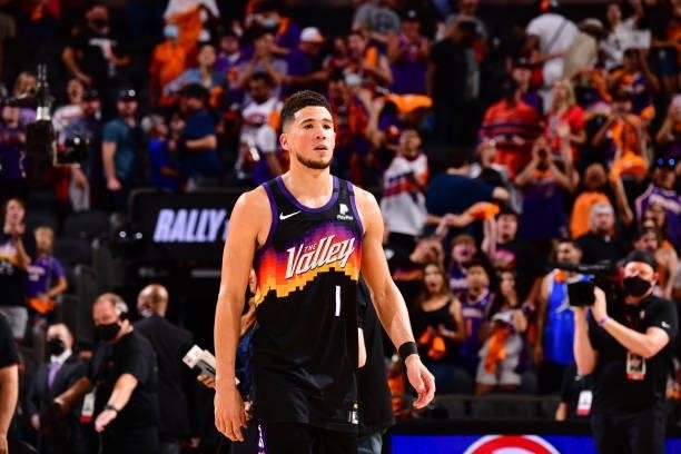 Devin Booker of the Phoenix Suns looks on after the game against the LA Clippers during Game 1 of the Western Conference Finals of the 2021 NBA...