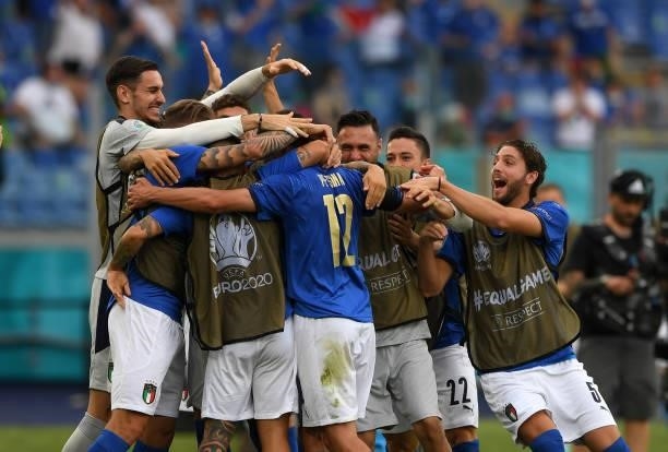 Matteo Pessina of Italy celebrates goal with teammates during the UEFA Euro 2020 Championship Group A match between Italy and Wales at Olimpico...