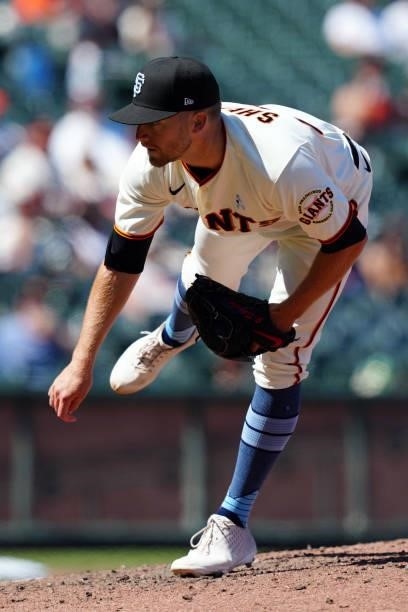Jimmie Sherfy of the San Francisco Giants pitches during the game between the Philadelphia Phillies and the San Francisco Giants at Oracle Park on...
