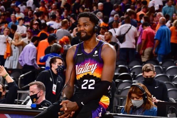 Deandre Ayton of the Phoenix Suns is interviewed after the game against the LA Clippers during Game 1 of the Western Conference Finals of the 2021...