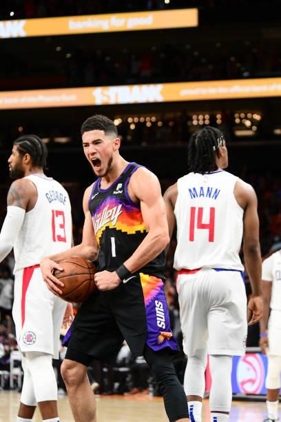Devin Booker of the Phoenix Suns yells during the game against the LA Clippers during Game 1 of the Western Conference Finals of the 2021 NBA...