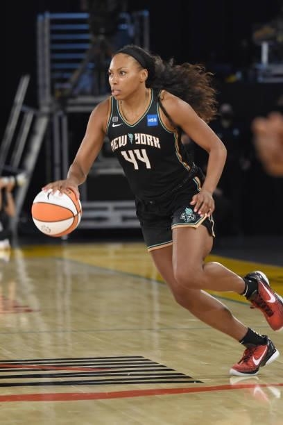 Betnijah Laney of the New York Liberty dribbles the ball against the Los Angeles Sparks on June 20, 2021 at the Los Angeles Convention Center in Los...