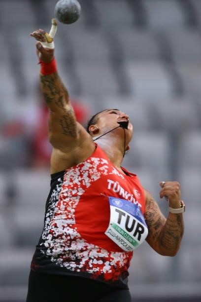 Emel Dereli of Turkey competes in the Women's Shot Put Final on Day 2 at the European Athletics Team Championships First League on June 20, 2021 in...