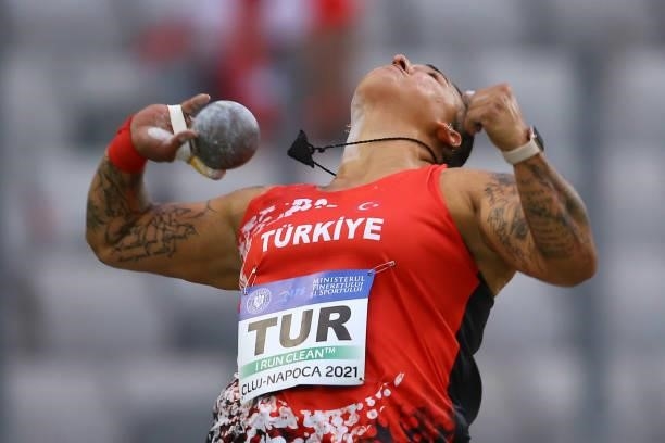 Emel Dereli of Turkey competes in the Women's Shot Put Final on Day 2 at the European Athletics Team Championships First League on June 20, 2021 in...