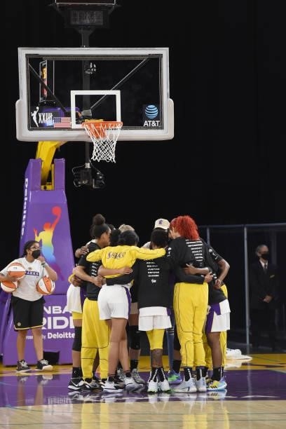 The Los Angeles Sparks huddle up before the game against the New York Liberty on June 20, 2021 at the Los Angeles Convention Center in Los Angeles,...