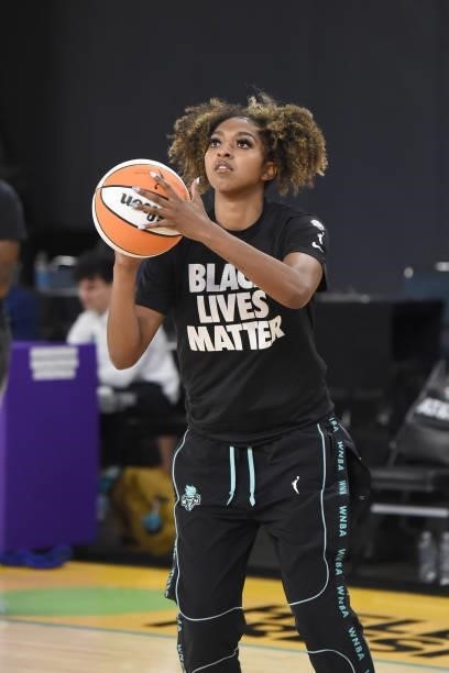 DiDi Richards of the New York Liberty looks to shoot the ball before the game against the Los Angeles Sparks on June 20, 2021 at the Los Angeles...