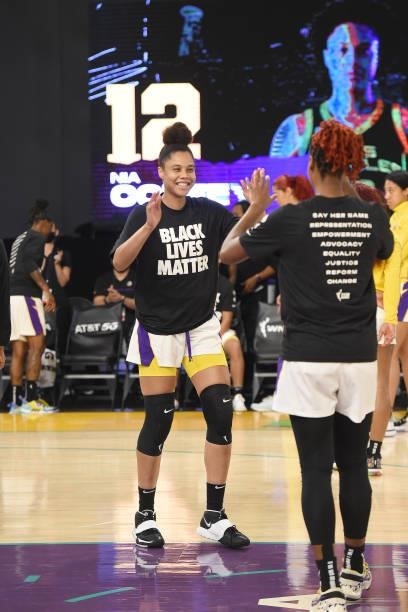 Nia Coffey of the Los Angeles Sparks smiles before the game against the New York Liberty on June 20, 2021 at the Los Angeles Convention Center in Los...
