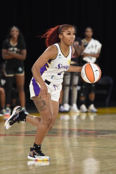 Te'a Cooper of the Los Angeles Sparks dribbles the ball against the New York Liberty on June 20, 2021 at the Los Angeles Convention Center in Los...