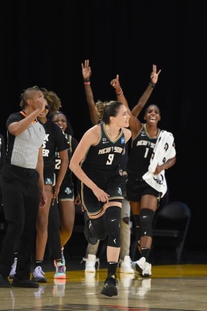 Rebecca Allen of the New York Liberty celebrates after scoring a three point basket against the Los Angeles Sparks on June 20, 2021 at the Los...