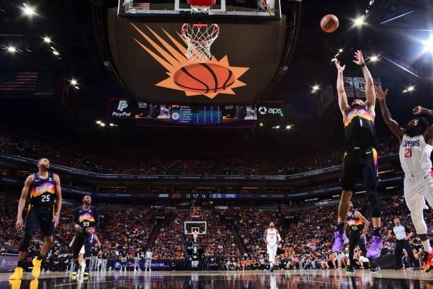 Devin Booker of the Phoenix Suns rebounds the ball during the game against the LA Clippers during Game 1 of the Western Conference Finals of the 2021...