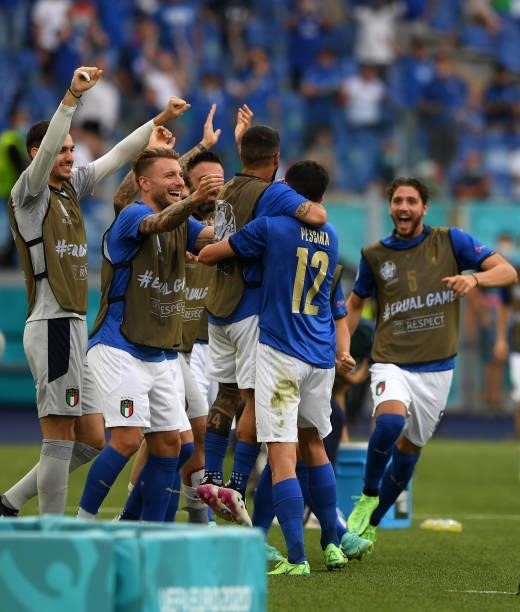 Matteo Pessina of Italy celebrates goal with teammates during the UEFA Euro 2020 Championship Group A match between Italy and Wales at Olimpico...