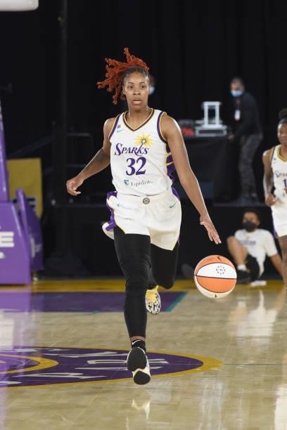 Bria Holmes of the Los Angeles Sparks dribbles the ball against the New York Liberty on June 20, 2021 at the Los Angeles Convention Center in Los...