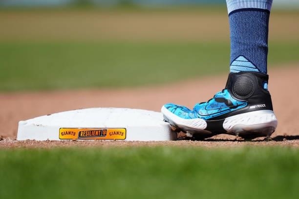 Detail shot of the cleats of Mauricio Dubón of the San Francisco Giantsduring during the game between the Philadelphia Phillies and the San Francisco...