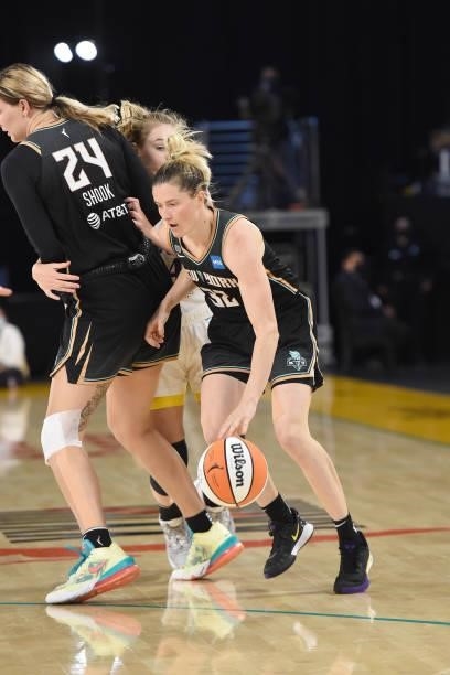 Sami Whitcomb of the New York Liberty dribbles the ball against the Los Angeles Sparks on June 20, 2021 at the Los Angeles Convention Center in Los...