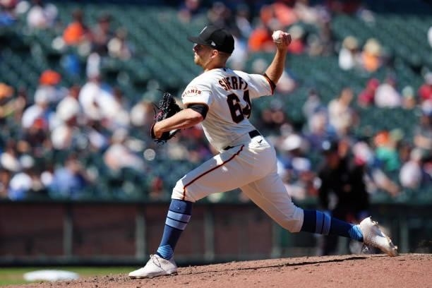 Jimmie Sherfy of the San Francisco Giants pitches during the game between the Philadelphia Phillies and the San Francisco Giants at Oracle Park on...