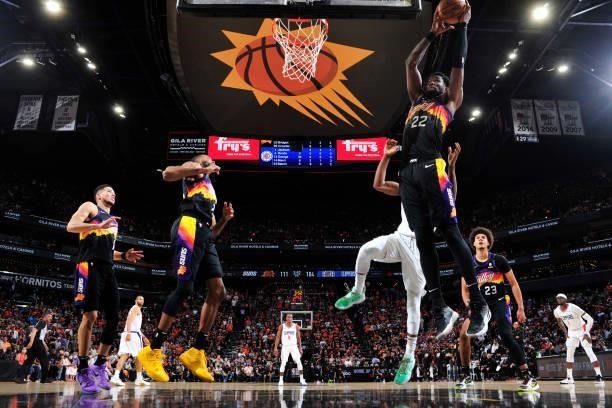 Deandre Ayton of the Phoenix Suns grabs a rebound during the game against the LA Clippers during Game 1 of the Western Conference Finals of the 2021...